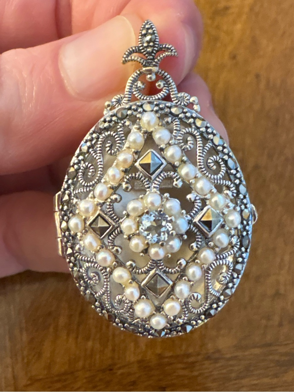Vintage 925 Sterling Silver Marcasite Pearl Locket Pendant Gothic 1.75” - Picture 3 of 15